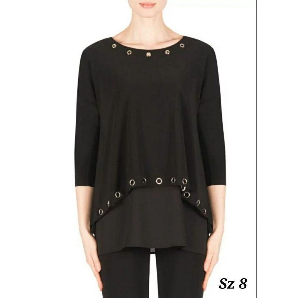 Joseph Ribkoff Black Tunic Top With Silver Accents & Asymmetrical Hem Sz 8 NWOT